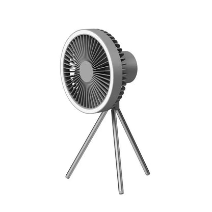Versatile USB Rechargeable Camping Fan with Tripod Stand and Lantern, offering a premium aluminum alloy construction, 3-in-1 design, and powerful brushless motor for a refreshing outdoor experience.
