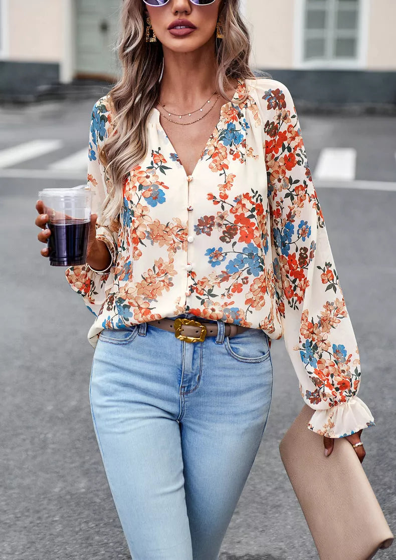 Women's floral print V-neck long sleeve chiffon blouse in black, blue, and apricot