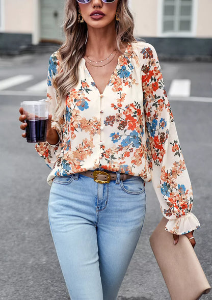 Women's floral print V-neck long sleeve chiffon blouse in black, blue, and apricot