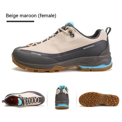 Men's low-top hiking boots in black with lace-up front and rubber outsole.