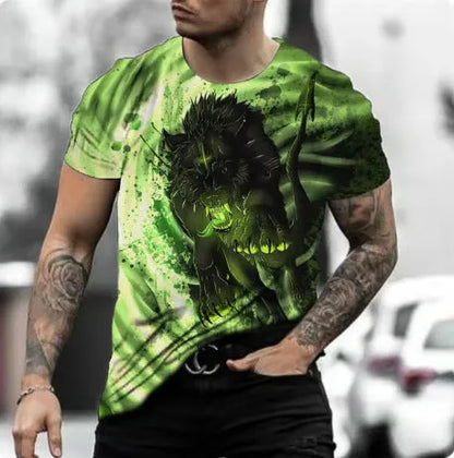 Man wearing a short-sleeved grey t-shirt with a retro-style 3D graphic of a wild animal printed on the front.