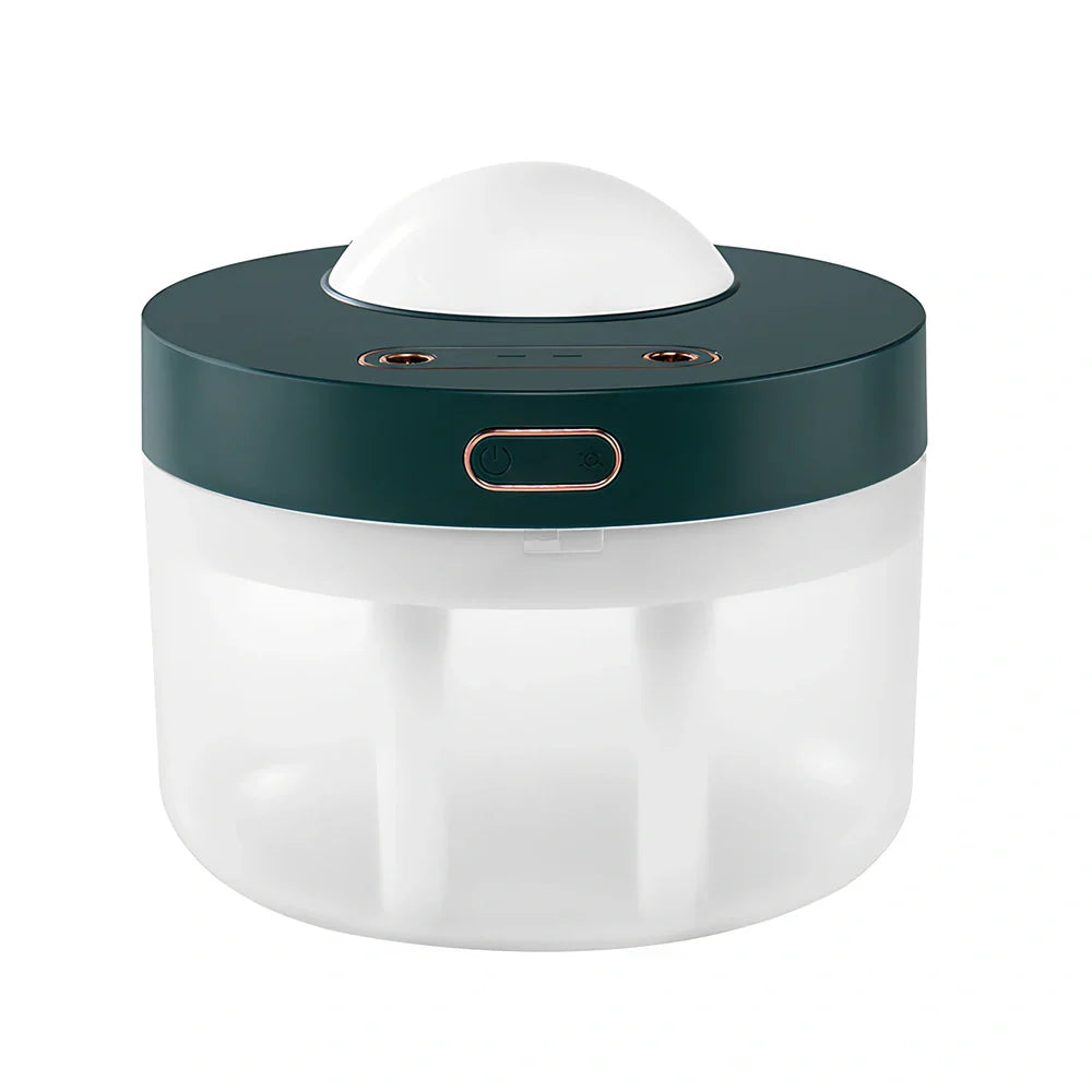 White portable humidifier with rotating projection light showing blue illumination and dual spray mist output