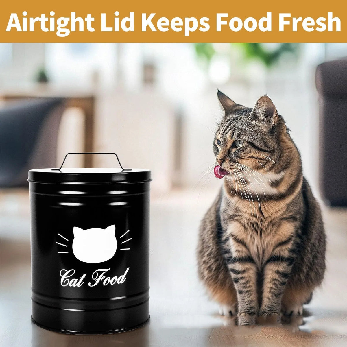 Round metal can with secure lid for dry food storage, showing black and white inner box options