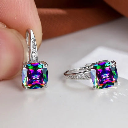 Square zircon inlaid ear hook earrings with geometric design and electroplated finish in golden tone