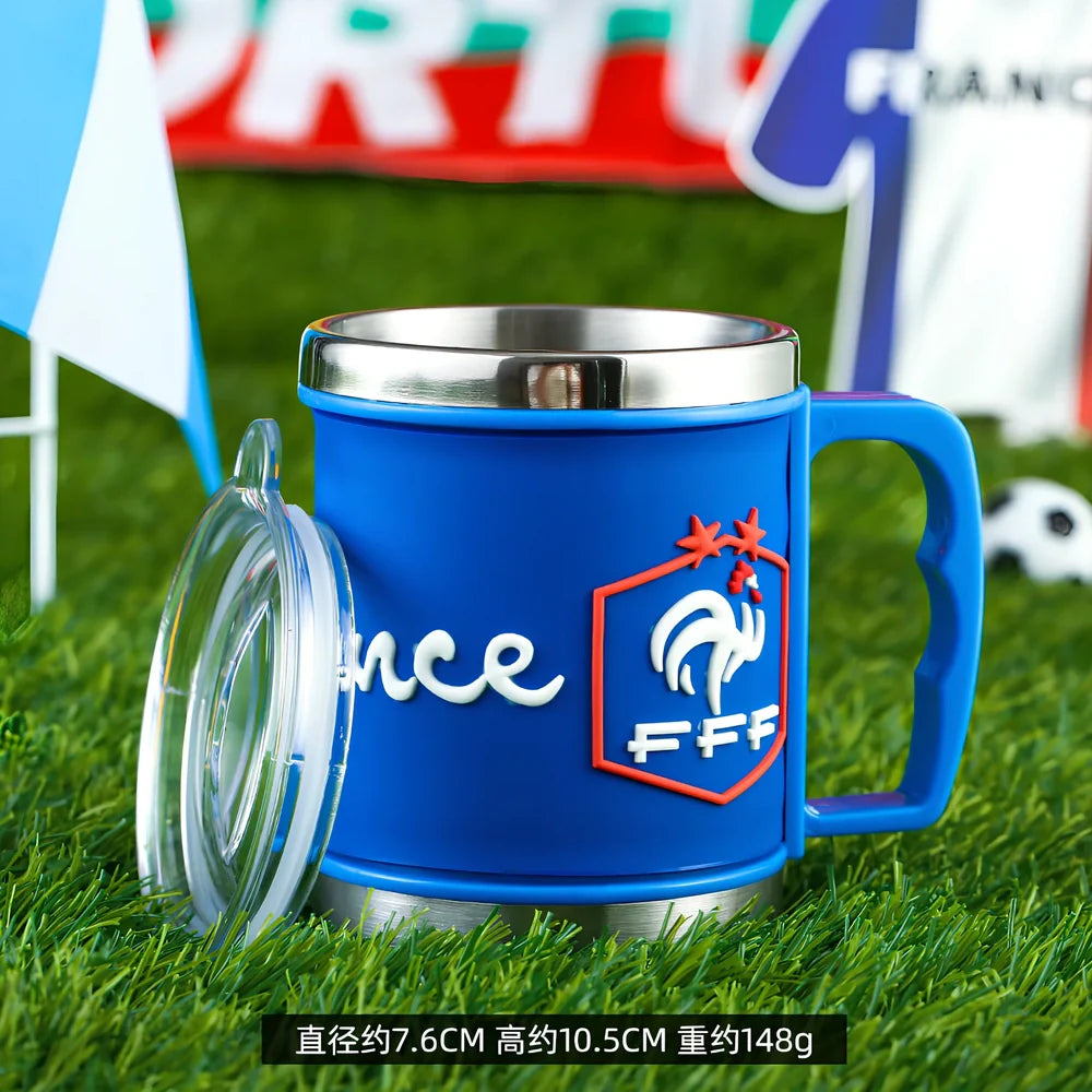 World Cup football mug in team colours with 7.6cm diameter and rubber-metal construction