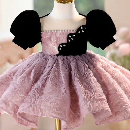 Girls' pink purple formal dress for piano performances with slim fit and round neck