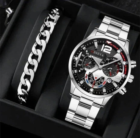 Men's stainless steel watch and coordinating bracelet set in various color options