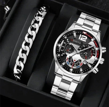 Men's stainless steel watch and coordinating bracelet set in various color options