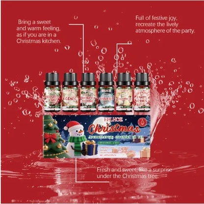 Christmas aromatherapy oil set showing six 60ml bottles with festive packaging for home fragrance