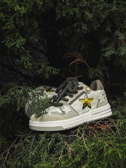 Cowhide leather platform running shoes in tea colour with lace-up front and rubber sole.