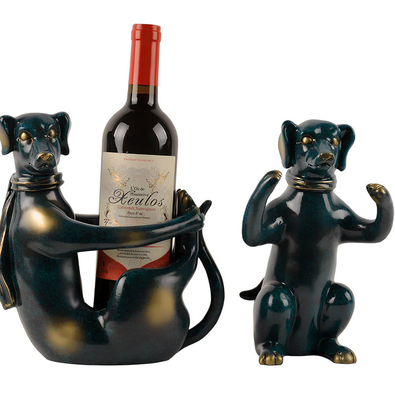 Handcrafted resin dog wine rack with two display positions - sitting at 23×12×23cm and squatting at 16×14×23cm for organised bottle storage in living spaces