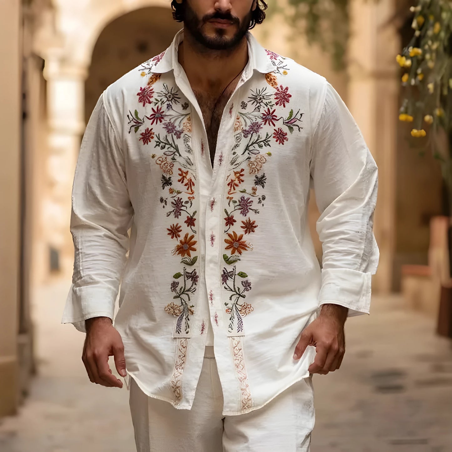 Men's retro style summer cardigan with 3D printed pattern in bamboo linen polyester fabric