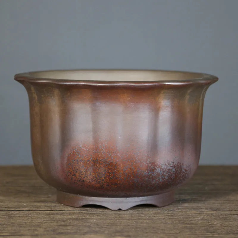 Indoor antique carved purple sand ceramic flowerpot for bonsai plants in classical style