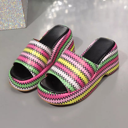 Women's colorful wave print wedge sandals with thick rubber sole for summer