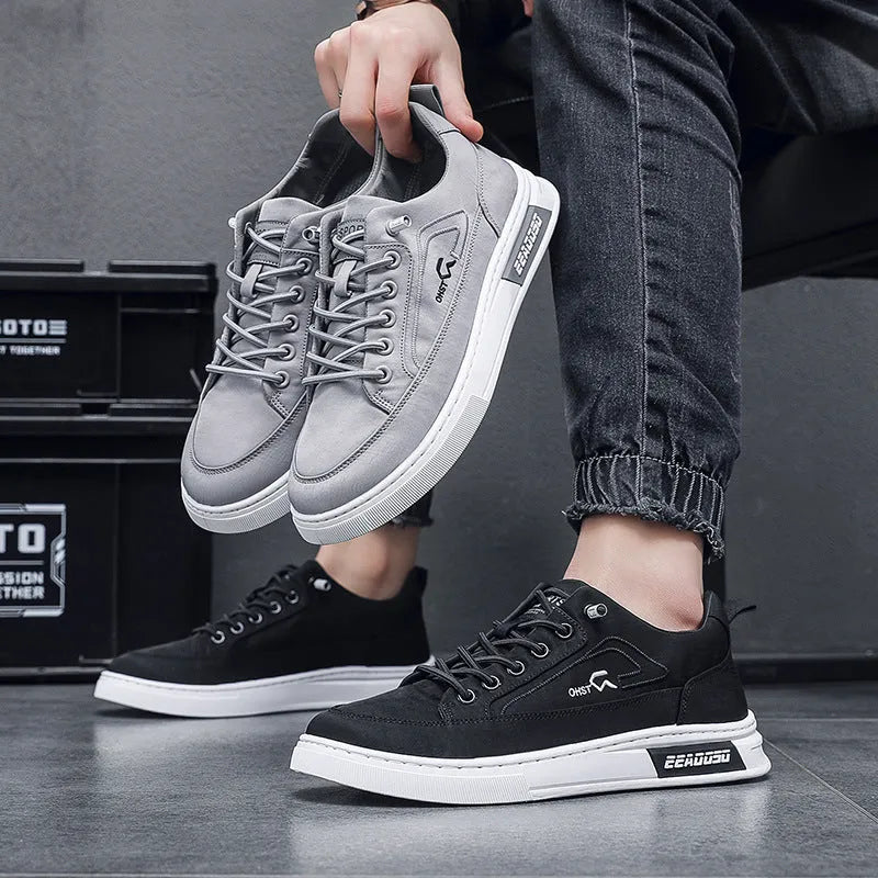 Men's casual canvas low-top trainers in grey with leather lining, injection moulded rubber sole, breathable quick-drying summer shoes for daily wear in sizes 39 to 44, round toe and lace-up front design