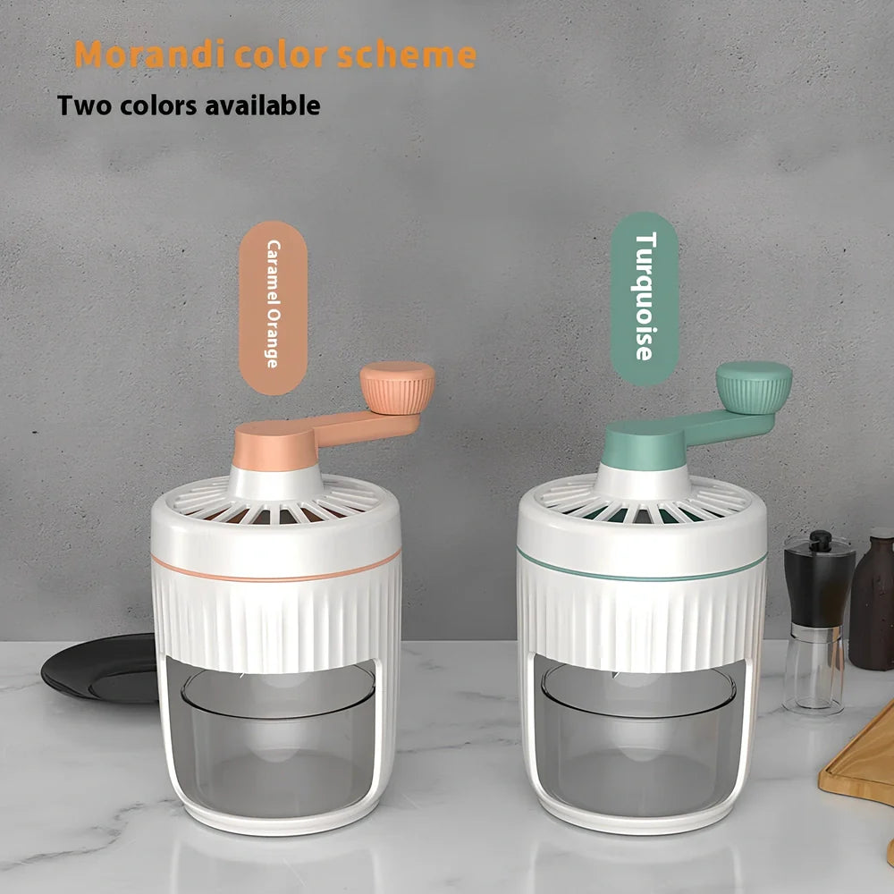 Green hand-cranked ice shaving machine with removable ice box and ergonomic handle