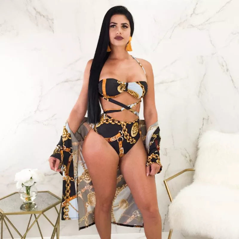 Split high waist bikini swimsuit with open back design in white