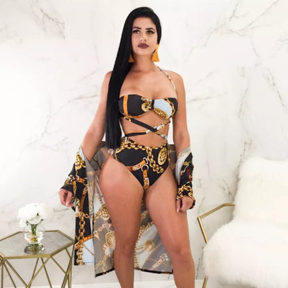 Split high waist bikini swimsuit with open back design in white