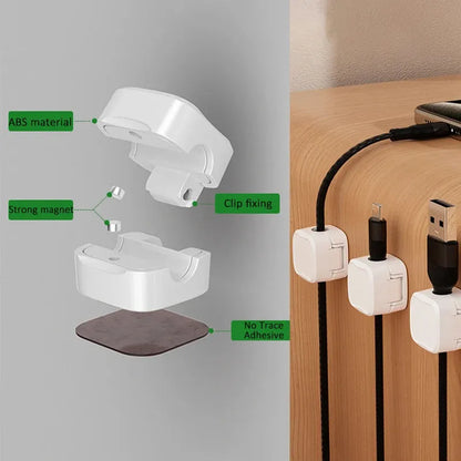 Black and white magnetic cable clips for under desk cable management with adhesive backing