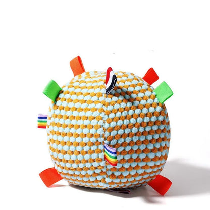 17cm diameter pineapple lattice dog toy in blue and yellow colour combination showing textured surface pattern