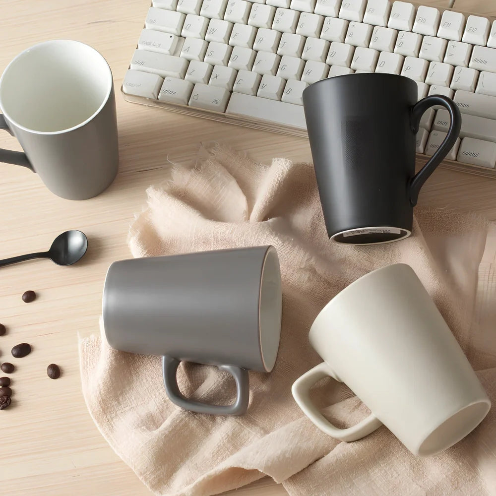Creative office mug with handle in black, grey, khaki or light grey with enamel coating