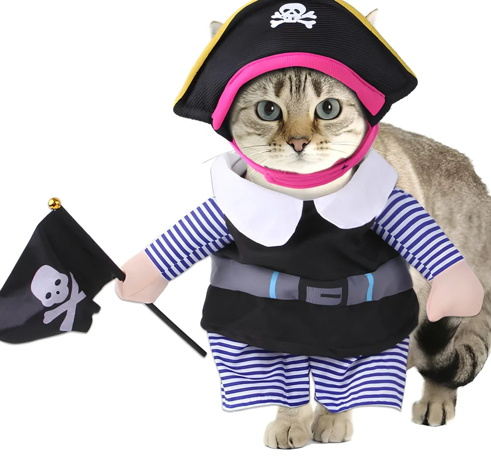 Pet wearing cartoon cowboy costume with knight-style design and matching hat, showing multiple colour options