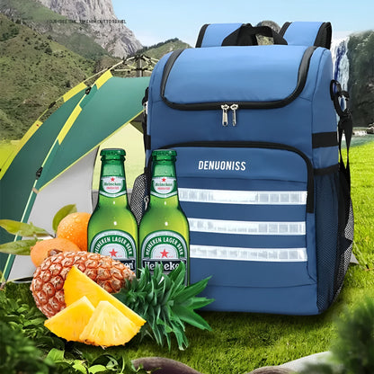 Insulated black cloth backpack with mounted bottle opener on shoulder strap