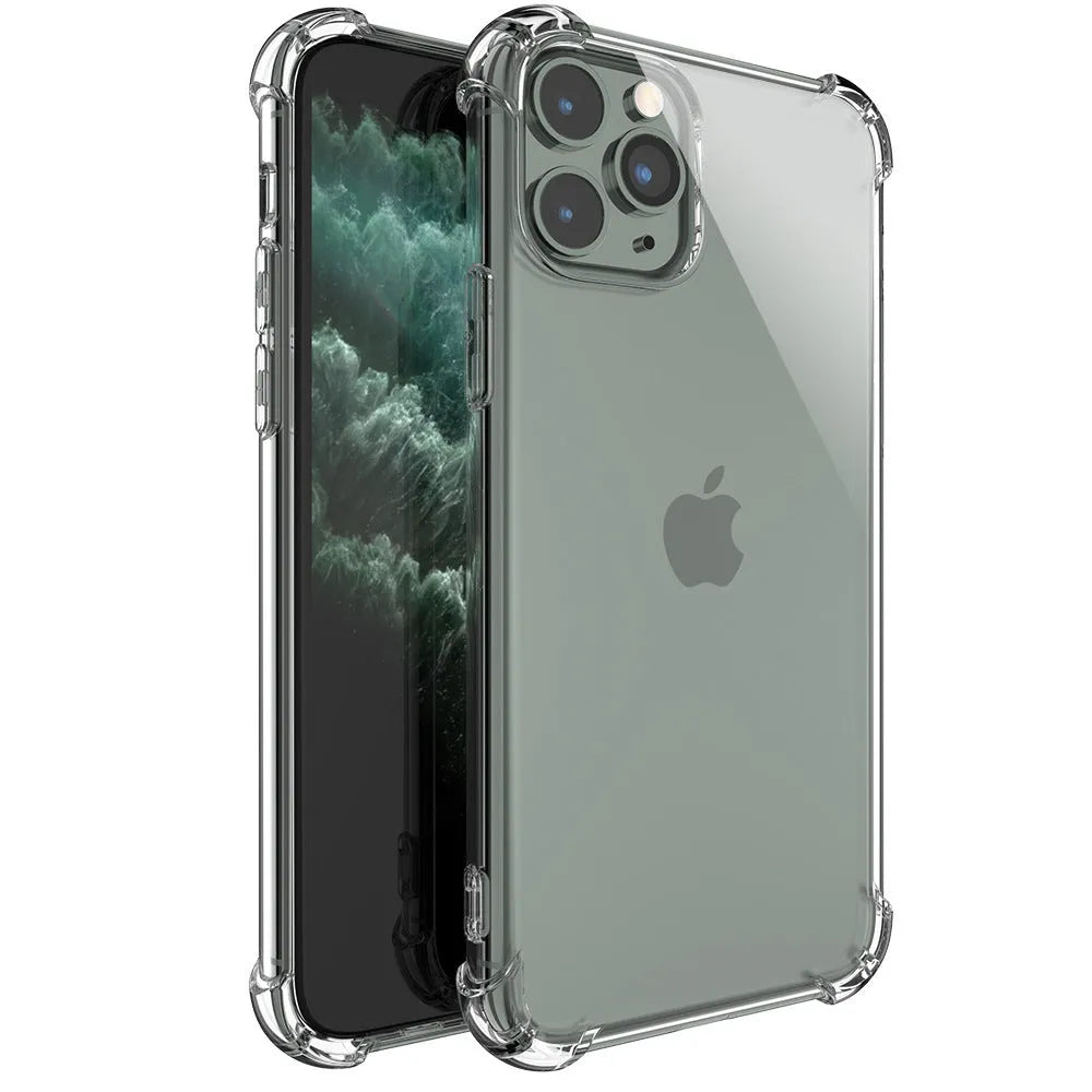 Clear shockproof case for Apple iPhone showing 2mm raised bezel and 1.5mm air cushion corners on a transparent TPU cover