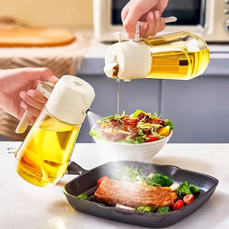 470ml glass olive oil sprayer and pour bottle with ergonomic handle in beige, yellow, green, and black colour options.