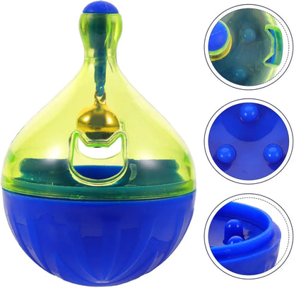 Tumbler-shaped pet treat dispenser measuring 14cm with food-leaking openings for slow feeding