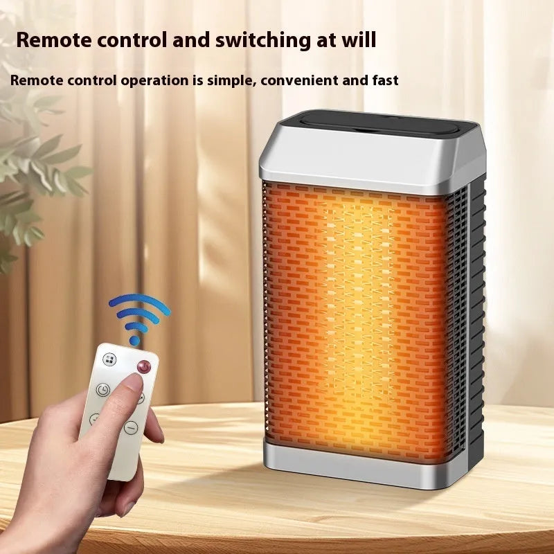 Black remote control desktop heater with shaking head, dimensions 14.5cm by 10cm by 26cm