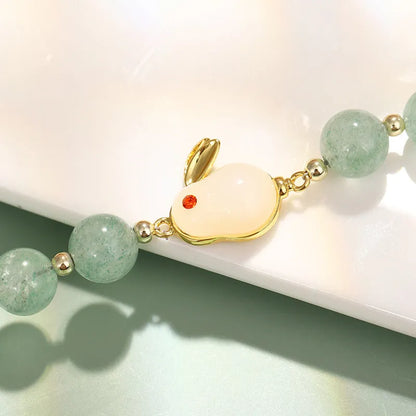 Rabbit charm bracelet with natural gemstone beads in green aventurine or strawberry quartz options