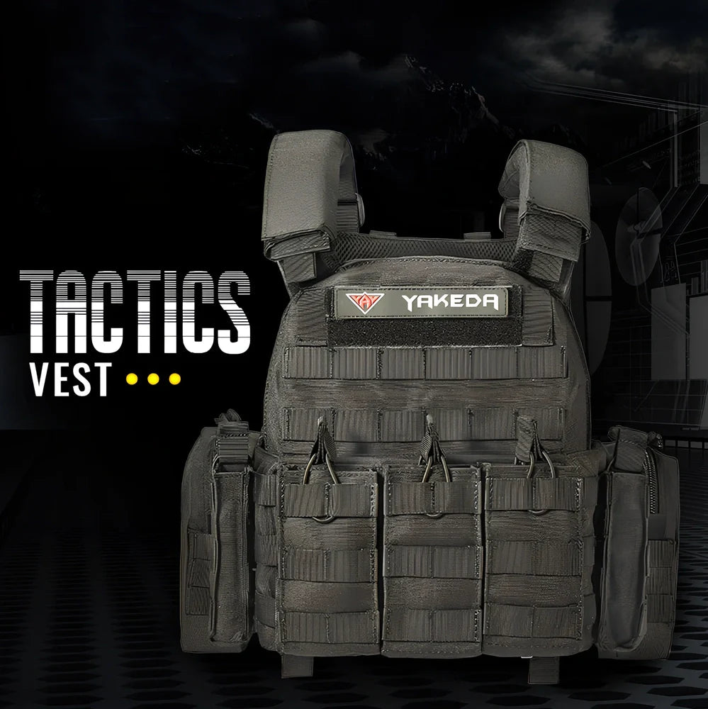 Combat camouflage tactical vest with adjustable waist showing 600D polyester construction and multiple pattern options