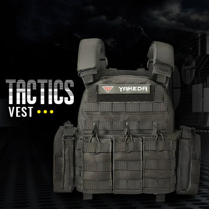 Combat camouflage tactical vest with adjustable waist showing 600D polyester construction and multiple pattern options