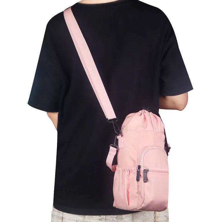 Crossbody water bottle shoulder bag in cloth material with adjustable strap