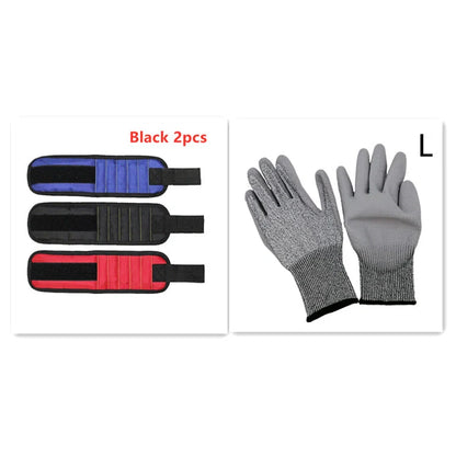 Powerful Magnetic Wristband in blue, black, and red holding tools securely