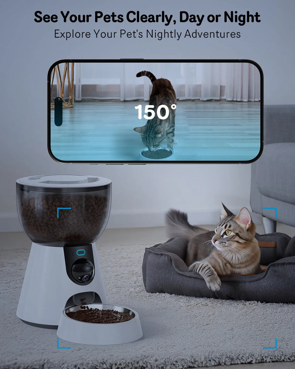 Automatic cat feeder with integrated camera for remote pet monitoring and feeding control