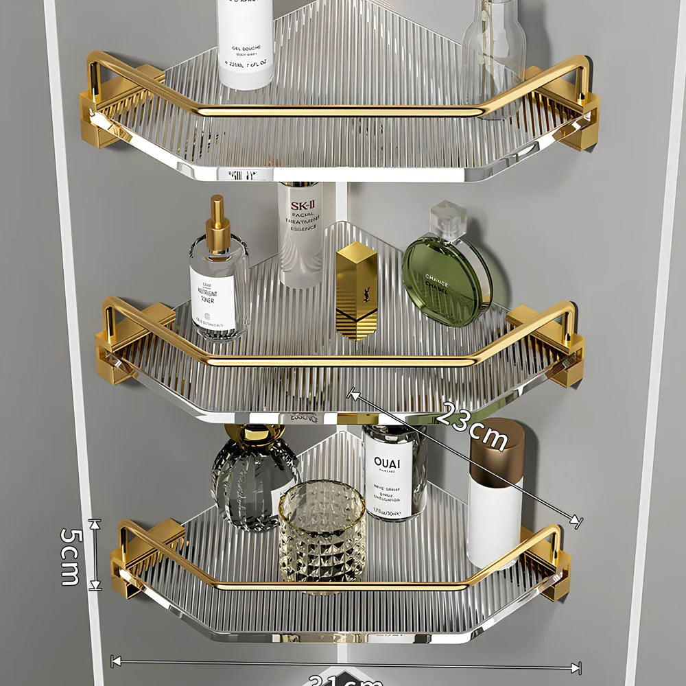 Acrylic bathroom shelving unit with space aluminium frame in gold finish showing three-tier configuration