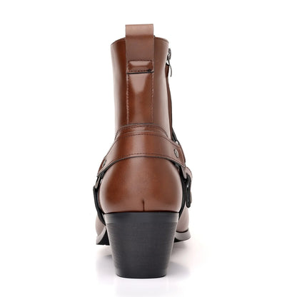 Men's and women's chain detail boots with square toe and side zipper in frosted finish