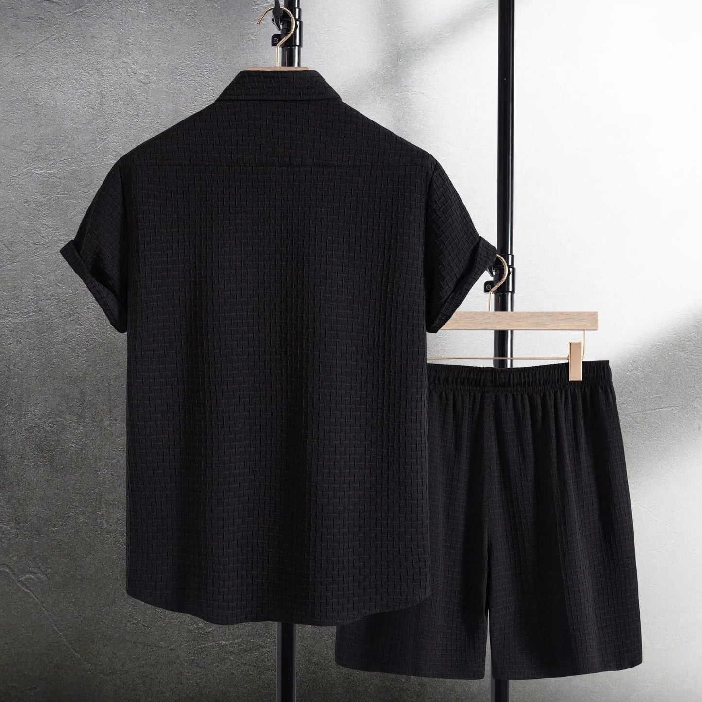 Men's black cotton blend short sleeve shirt and matching shorts set for summer beach wear