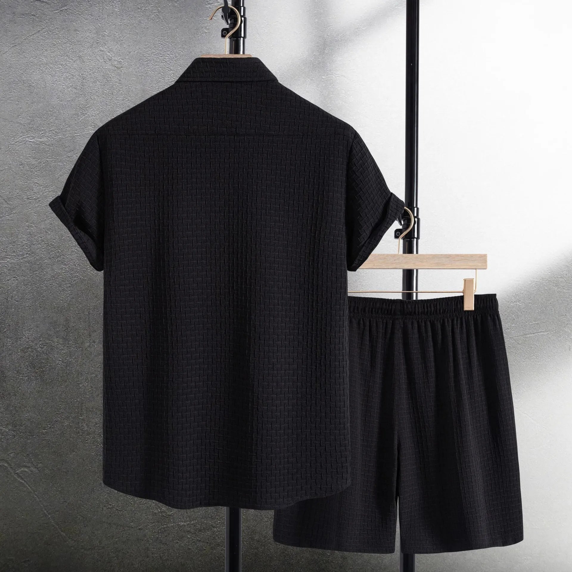 Men's black cotton blend short sleeve shirt and matching shorts set for summer beach wear