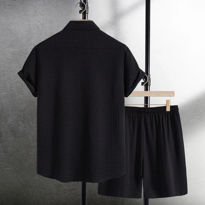 Men's black cotton blend short sleeve shirt and matching shorts set for summer beach wear