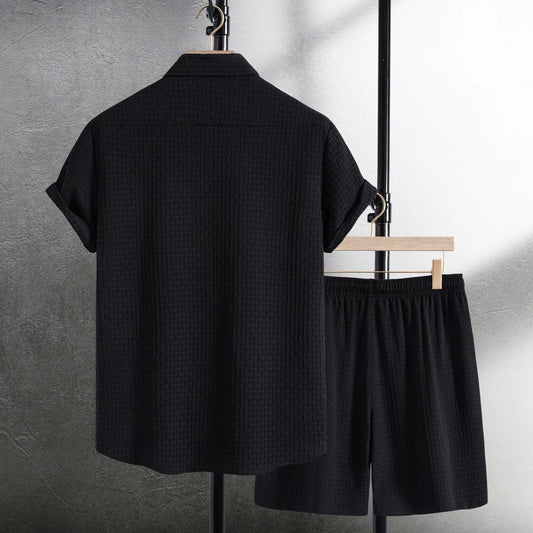 Men's black cotton blend short sleeve shirt and matching shorts set for summer beach wear