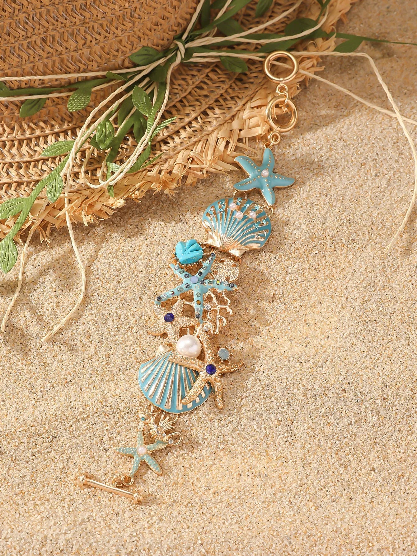 Alloy rhinestone marine bracelet with starfish design in turquoise, coral red, or coral blue for women's holiday wear