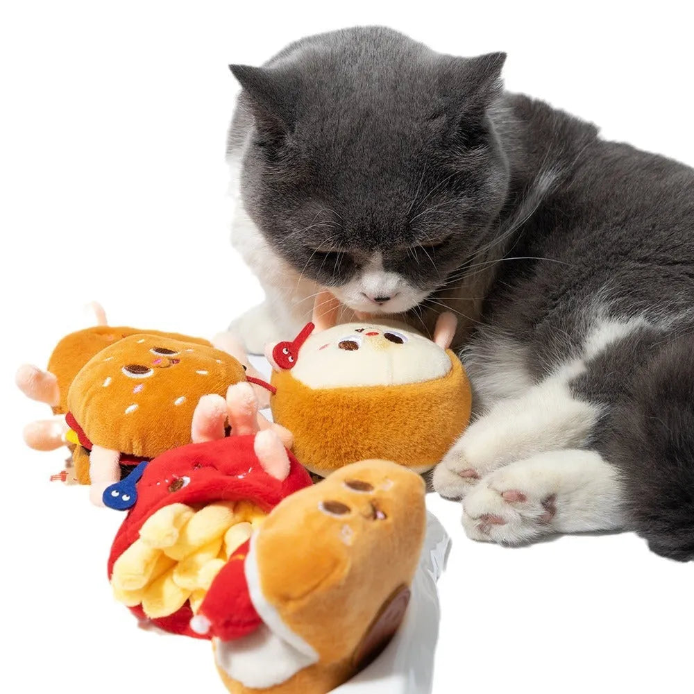 Soft kitten teething chew toy in food-themed hamburger chicken leg bread fries or hot dog design
