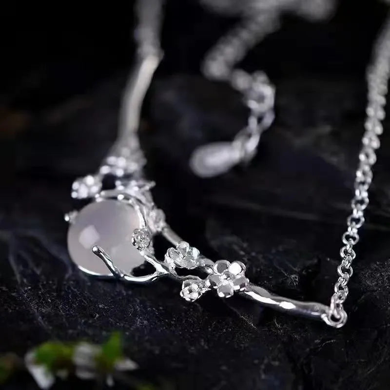 White gold colour copper necklace with moonlight white chalcedony inlay, cross chain, and moon shadow cold plum design