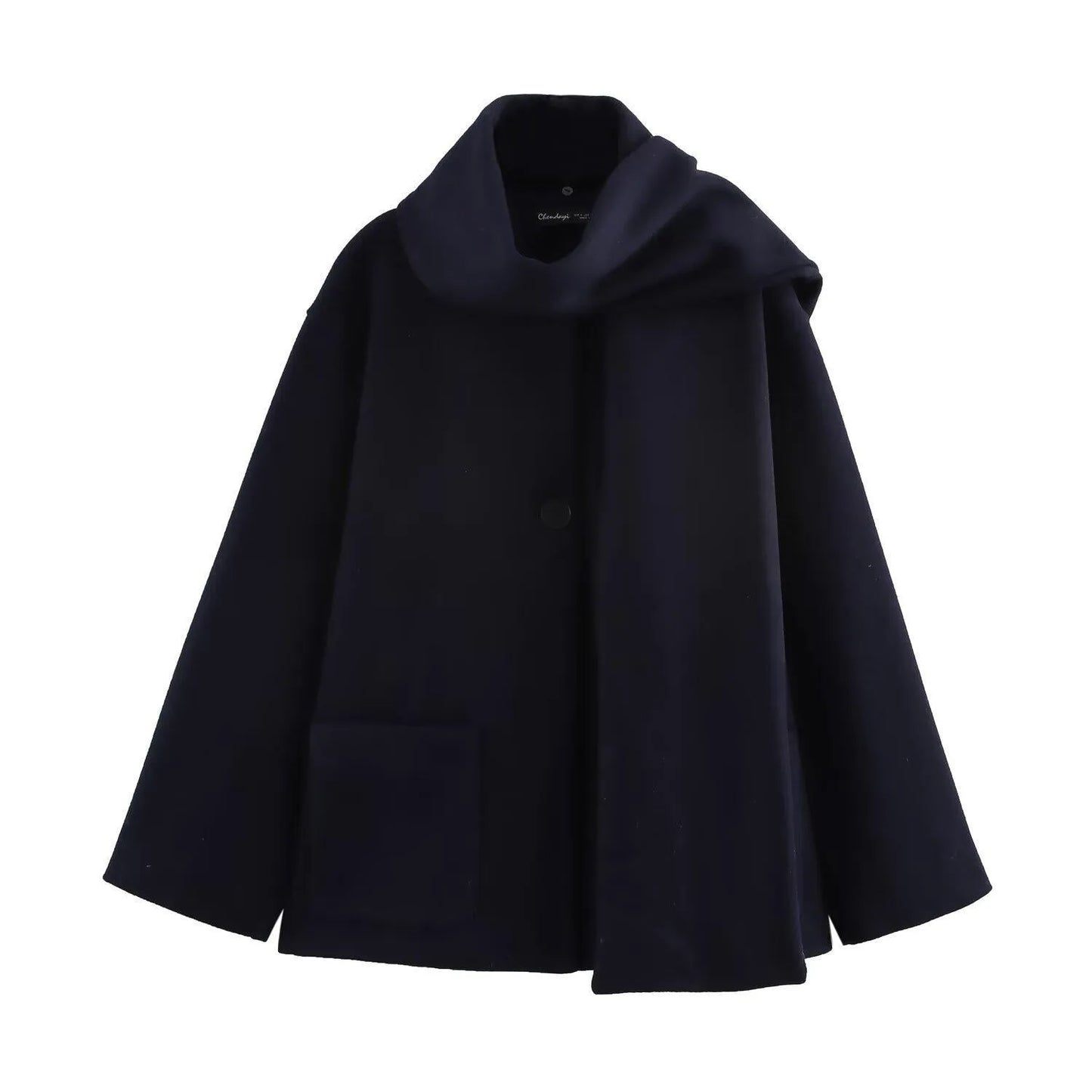 Women's black polyester scarf overcoat with artificial fur collar, lengthened 100cm design, and pockets for street fashion