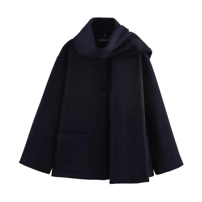 Women's black polyester scarf overcoat with artificial fur collar, lengthened 100cm design, and pockets for street fashion