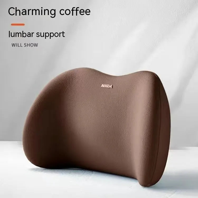 Black automotive headrest pillow and lumbar support pillow set with memory foam filler on a car seat