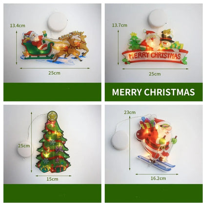 LED Christmas hanging lights with suction cups showing snowman design illuminated on window